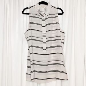 Tucker NYC Sleeveless Henley Top Black Basket Stripe in Silk Crepe de Chine